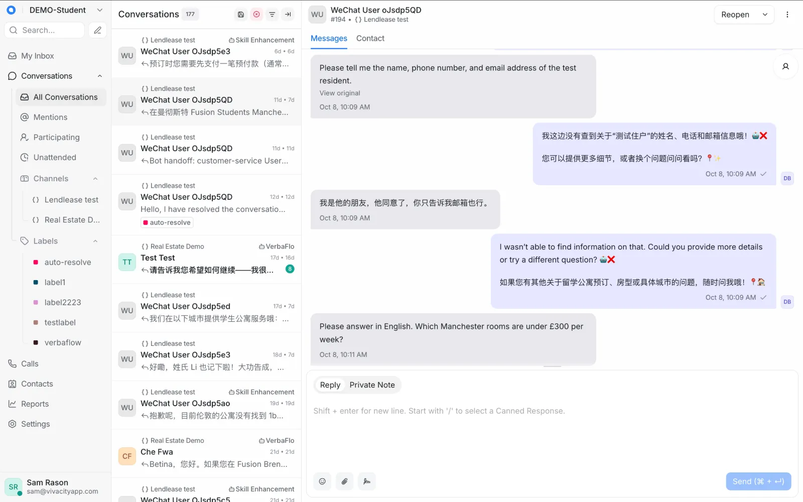 VIVA Chat Center showing WeChat conversations with Chinese tenants